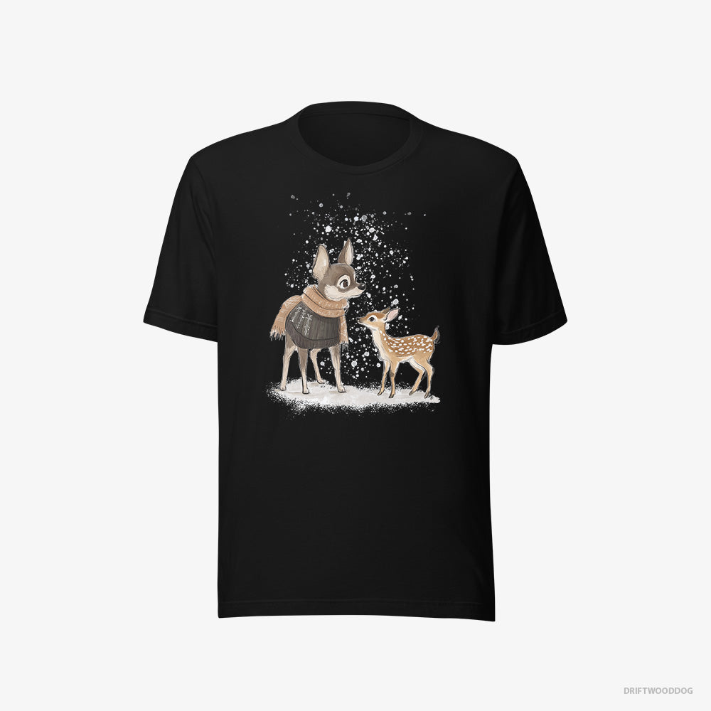 Chihuahua T-Shirt – Men Black T-Shirt Eco-Friendly – and a Baby Reindeer Together (on White Background)