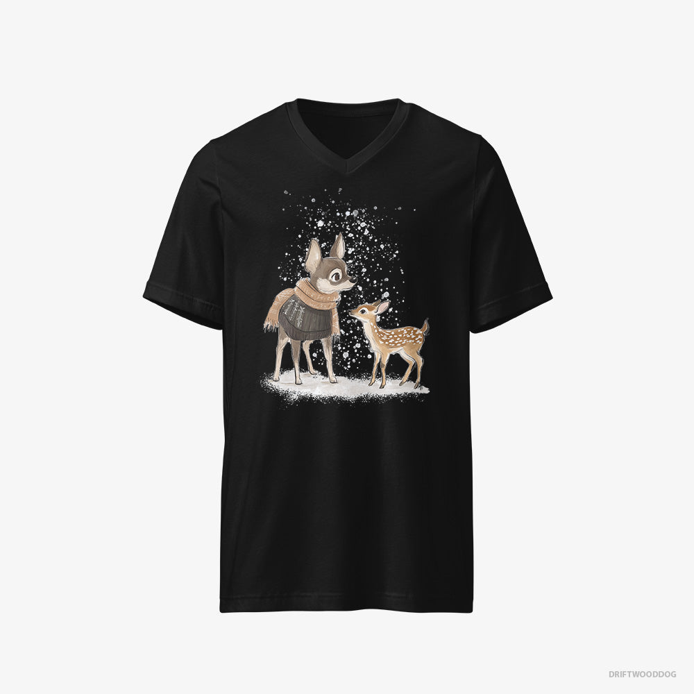 Chihuahua T-Shirt – Men Black T-Shirt V-Neck – and a Baby Reindeer Together (on White Background)