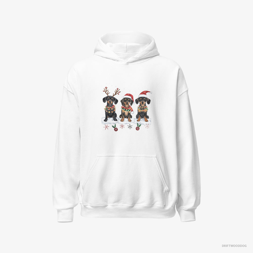 Dachshund Hoodie – Men White Hoodie Classic – Puppies in a Christmas Theme (on White Background)