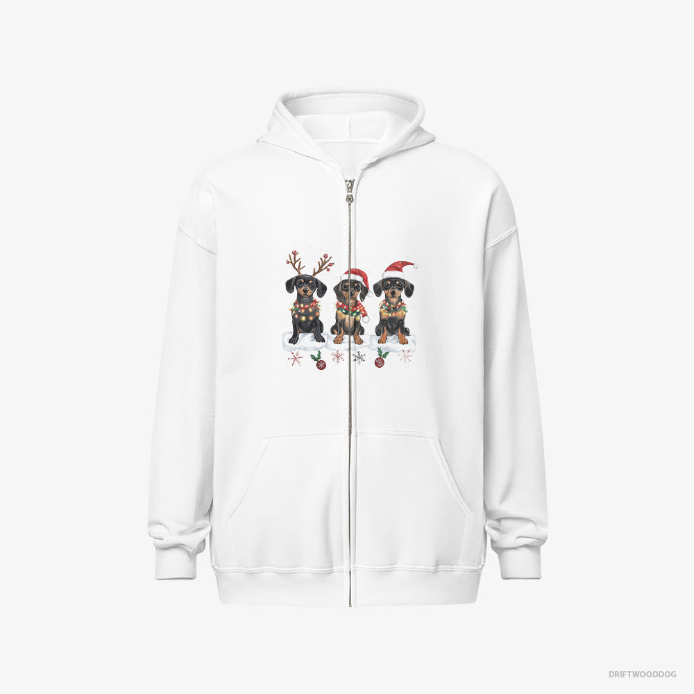 Dachshund Hoodie – Men White Hoodie Full-Zip – Puppies in a Christmas Theme (on White Background)