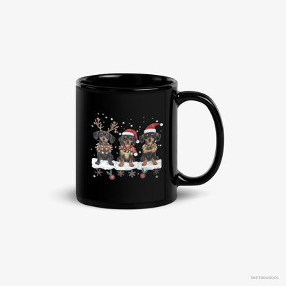 Dachshund Mug – Unisex Black Mug Classic – Puppies in a Christmas Theme (on White Background)