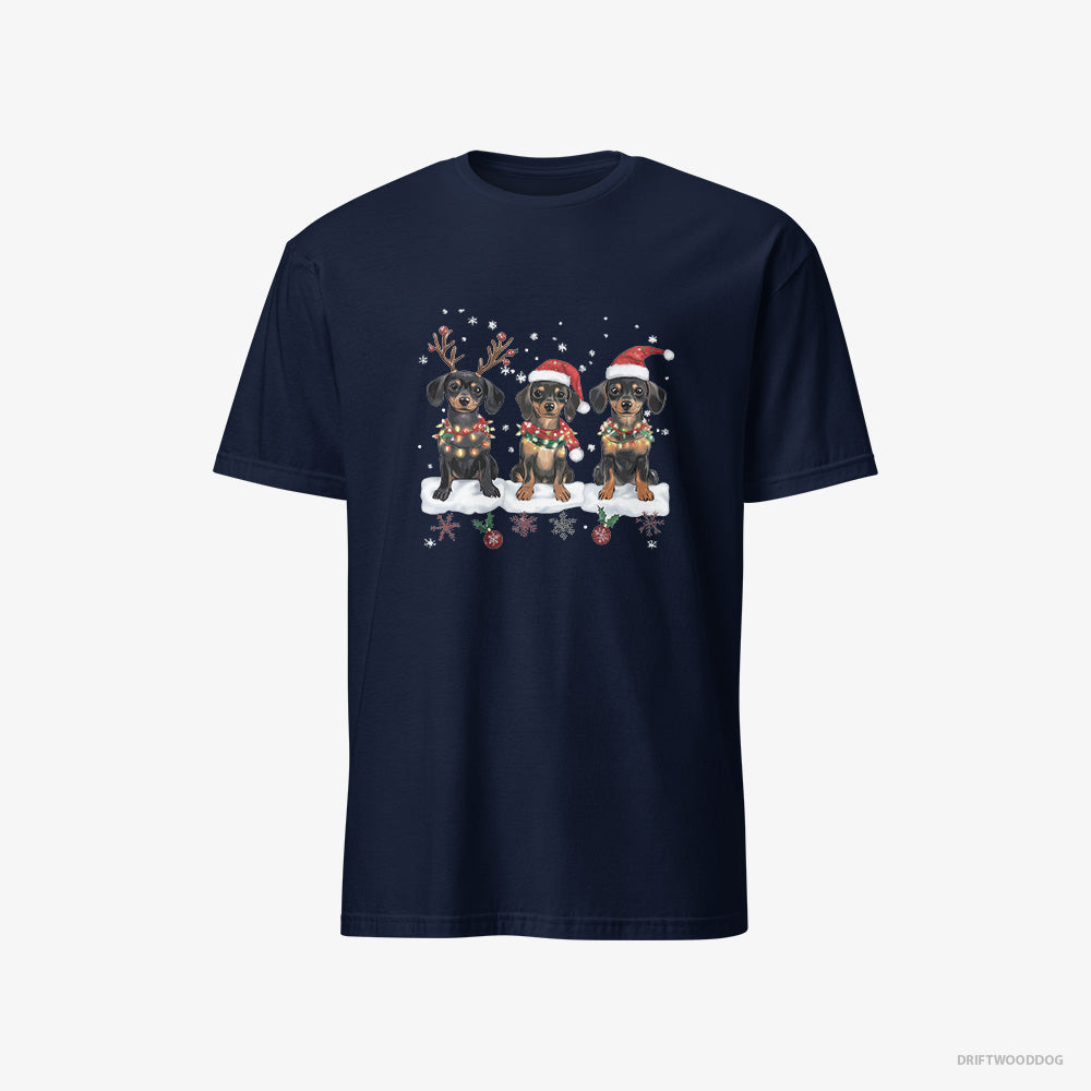 Dachshund T-Shirt – Men Navy T-Shirt Classic – Puppies in a Christmas Theme (on White Background)