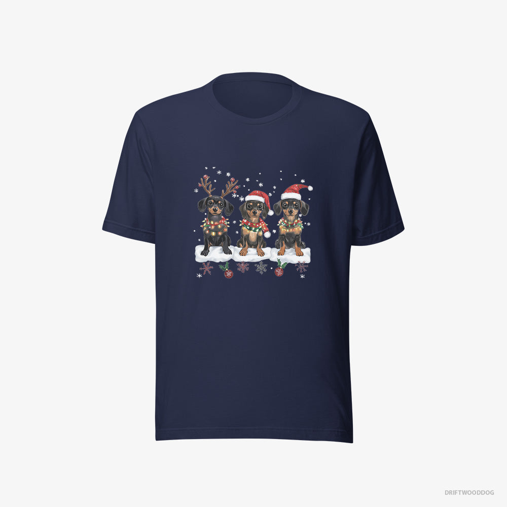 Dachshund T-Shirt – Women Navy T-Shirt Eco-Friendly – Puppies in a Christmas Theme (on White Background)