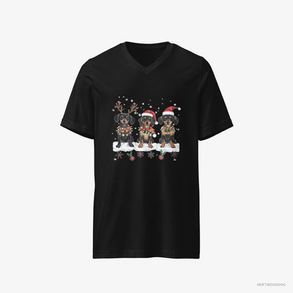 Dachshund T-Shirt – Men Black T-Shirt V-Neck – Puppies in a Christmas Theme (on White Background)