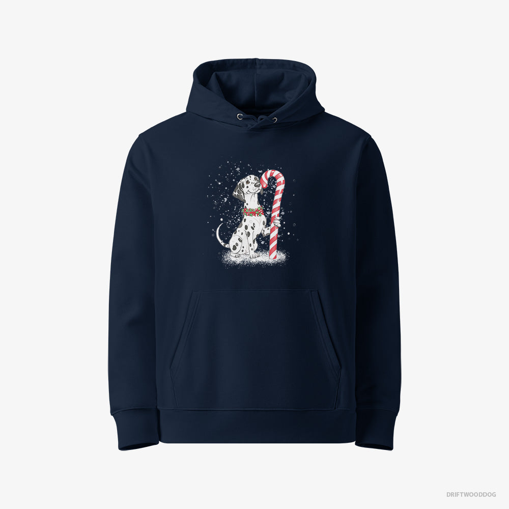 Dalmatian Hoodie – Women Navy Hoodie Eco-Friendly – Holding a Huge Christmas Candy (on White Background)