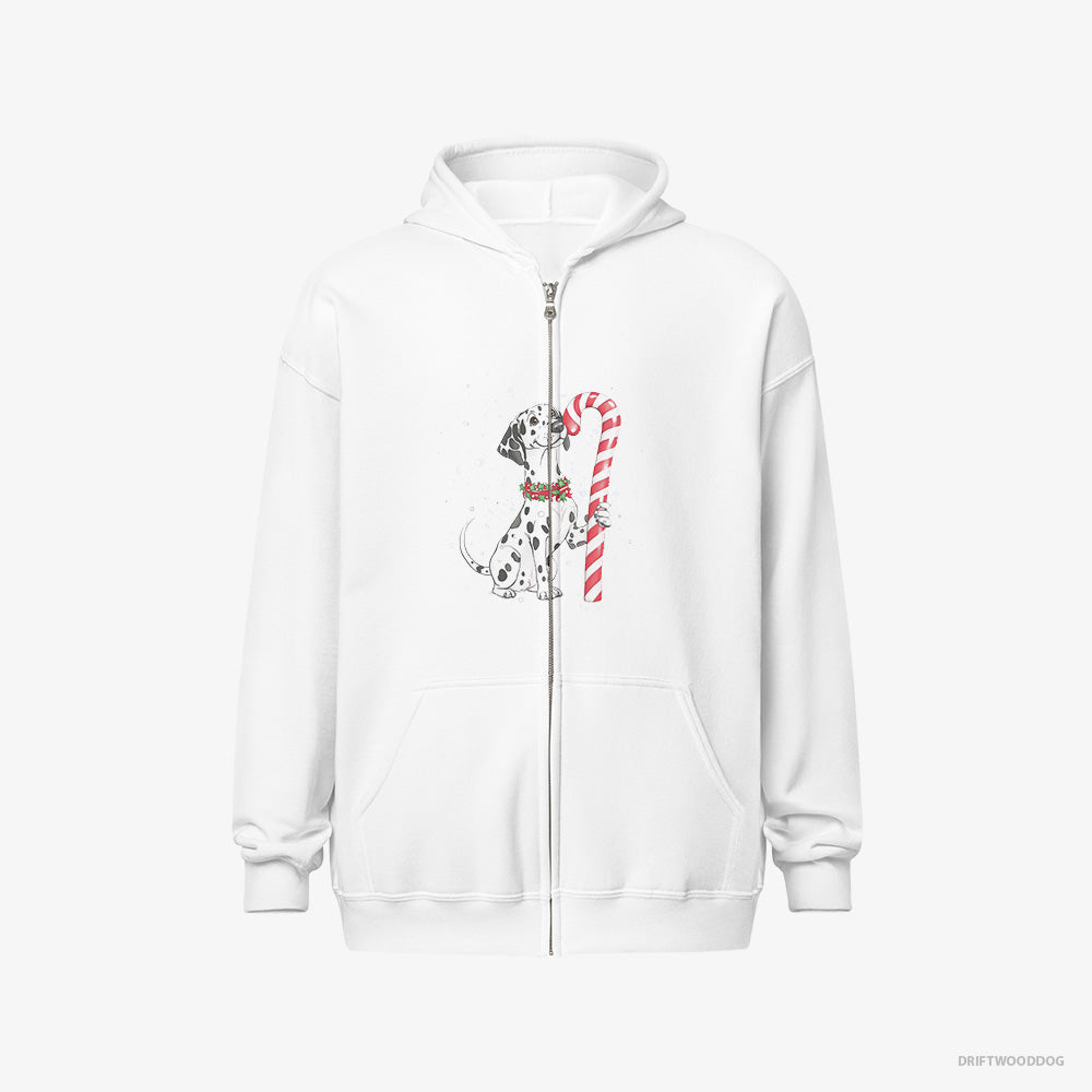 Dalmatian Hoodie – Men White Hoodie Full-Zip – Holding a Huge Christmas Candy (on White Background)