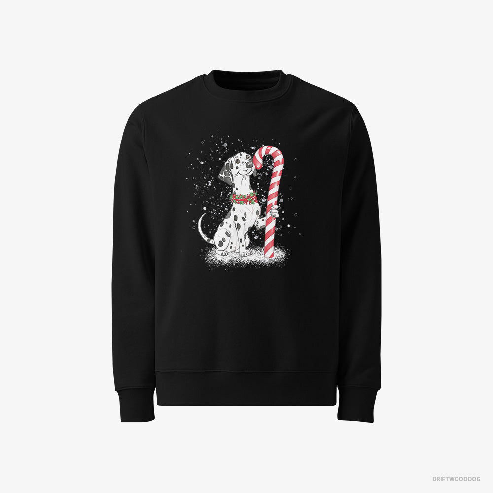 Dalmatian Sweatshirt – Men Black Sweatshirt Classic – Holding a Huge Christmas Candy (on White Background)