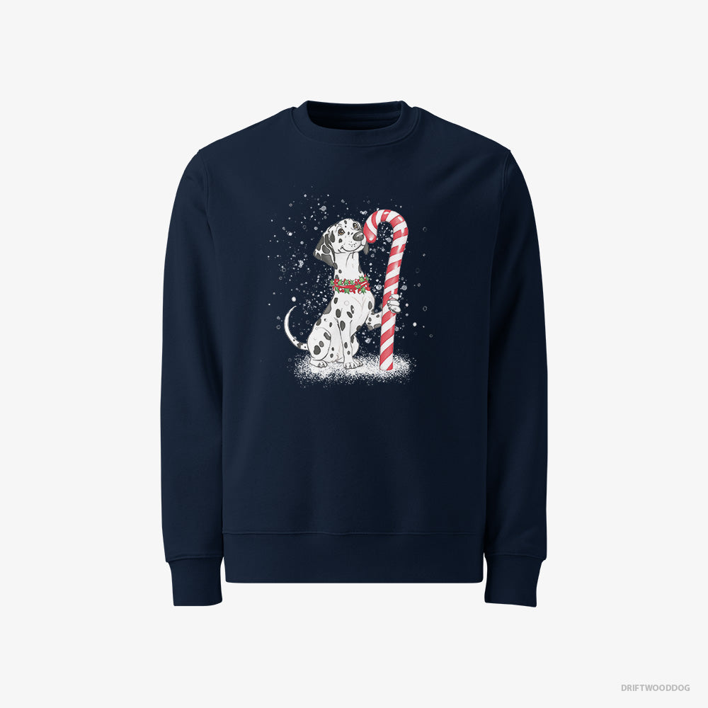 Dalmatian Sweatshirt – Men Navy Sweatshirt Classic – Holding a Huge Christmas Candy (on White Background)