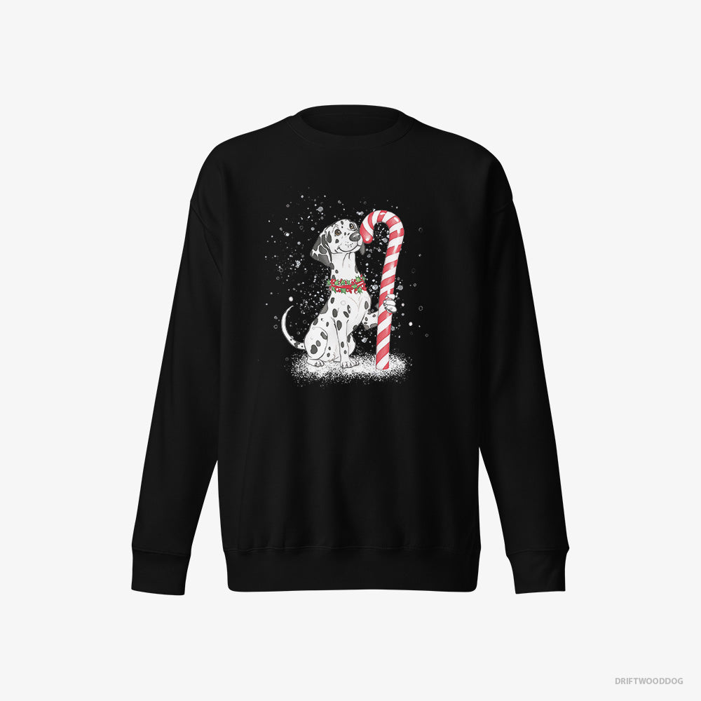 Dalmatian Sweatshirt – Men Black Sweatshirt Eco-Friendly – Holding a Huge Christmas Candy (on White Background)