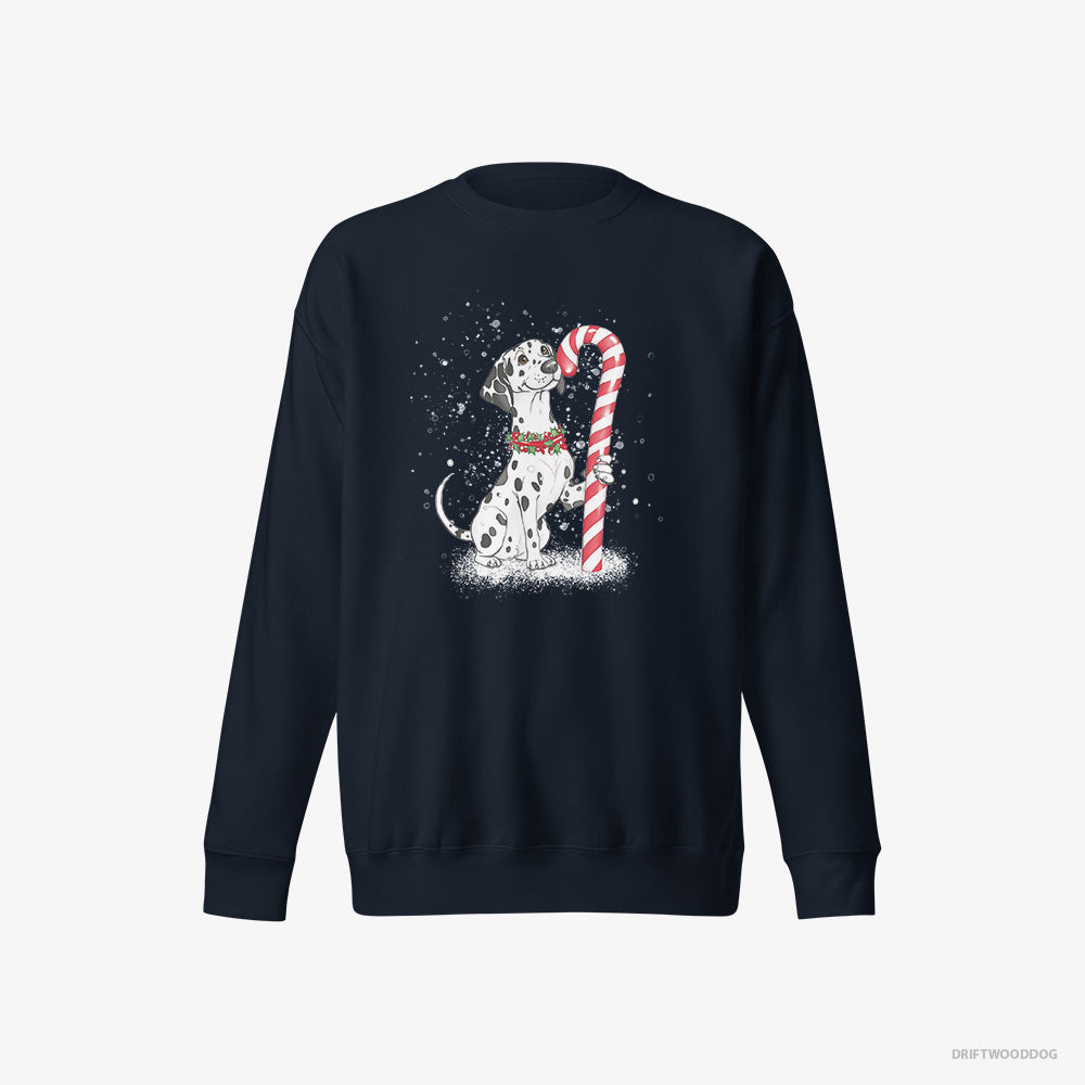 Dalmatian Sweatshirt – Men Navy Sweatshirt Eco-Friendly – Holding a Huge Christmas Candy (on White Background)