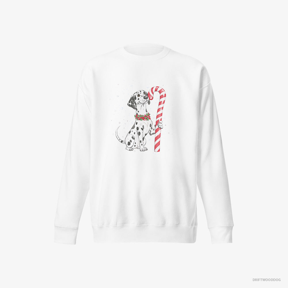 Dalmatian Sweatshirt – Women White Sweatshirt Eco-Friendly – Holding a Huge Christmas Candy (on White Background)