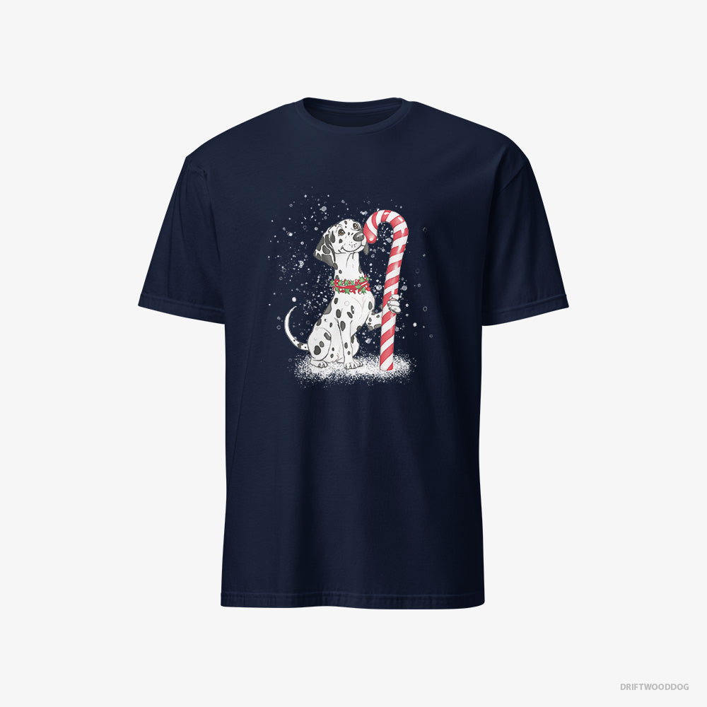 Dalmatian T-Shirt – Men Navy T-Shirt Classic – Holding a Huge Christmas Candy (on White Background)