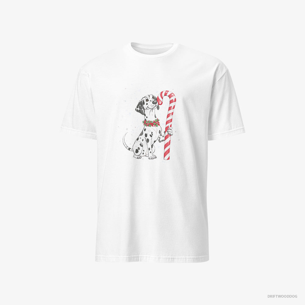 Dalmatian T-Shirt – Men White T-Shirt Classic – Holding a Huge Christmas Candy (on White Background)