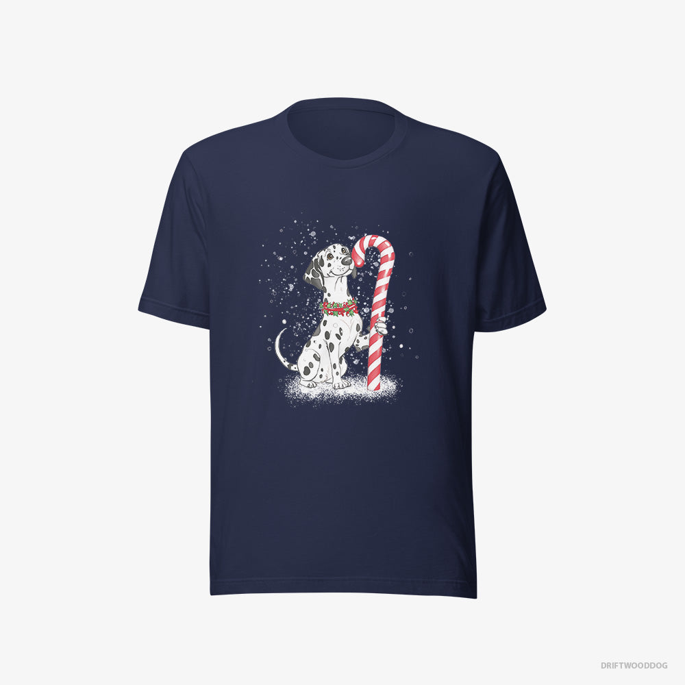 Dalmatian T-Shirt – Men Navy T-Shirt Eco-Friendly – Holding a Huge Christmas Candy (on White Background)