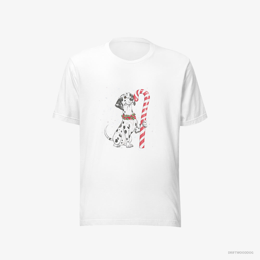 Dalmatian T-Shirt – Men White T-Shirt Eco-Friendly – Holding a Huge Christmas Candy (on White Background)