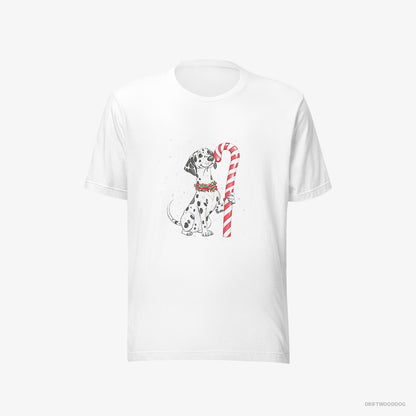 Dalmatian T-Shirt – Men White T-Shirt Eco-Friendly – Holding a Huge Christmas Candy (on White Background)