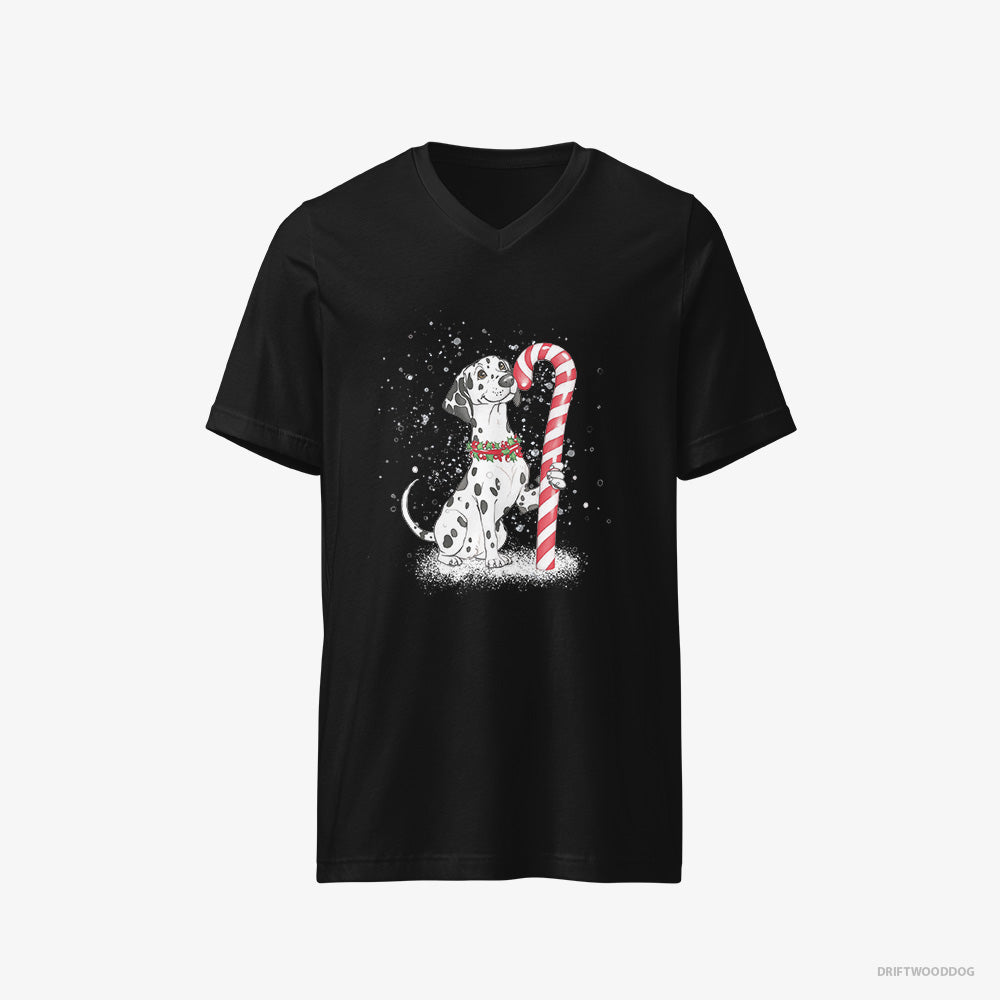 Dalmatian T-Shirt – Men Black T-Shirt V-Neck – Holding a Huge Christmas Candy (on White Background)