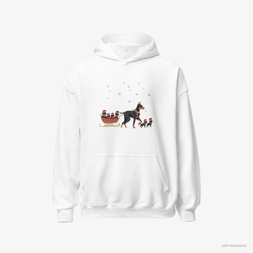 Dobermann Hoodie – Men White Hoodie Classic – Pulling Puppies on a Fun Sled Ride (on White Background)