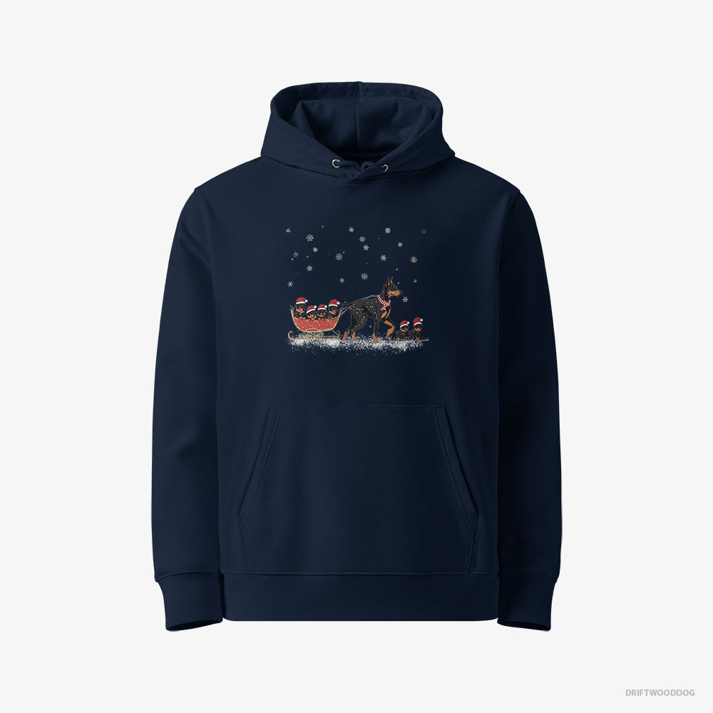 Dobermann Hoodie – Women Navy Hoodie Eco-Friendly – Pulling Puppies on a Fun Sled Ride (on White Background)