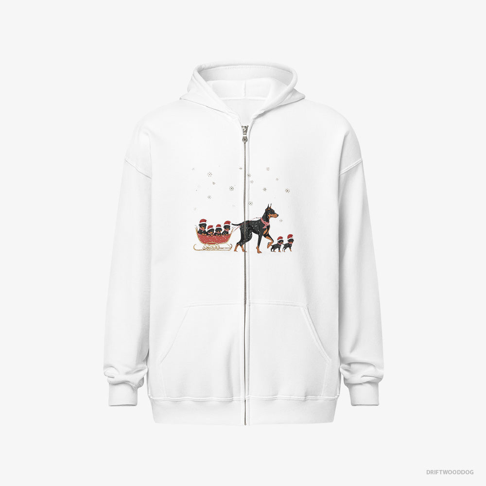 Dobermann Hoodie – Men White Hoodie Full-Zip – Pulling Puppies on a Fun Sled Ride (on White Background)