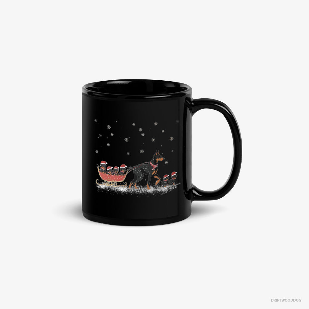 Dobermann Mug – Unisex Black Mug Classic – Pulling Puppies on a Fun Sled Ride (on White Background)