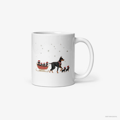 Dobermann Pulling Puppies on a Fun Sled Ride White Mug