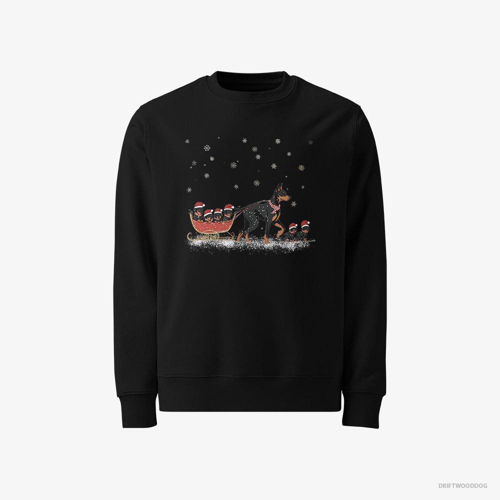 Dobermann Sweatshirt – Men Black Sweatshirt Classic – Pulling Puppies on a Fun Sled Ride (on White Background)