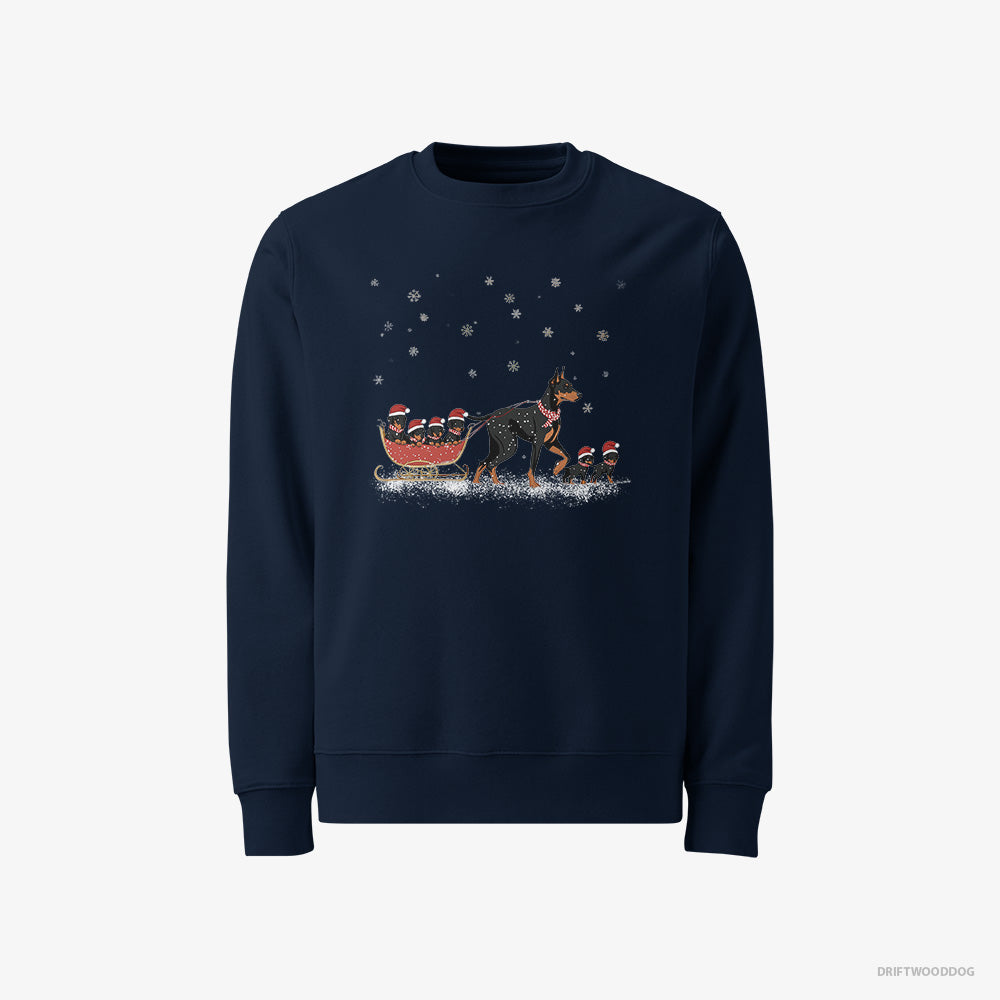 Dobermann Sweatshirt – Men Navy Sweatshirt Classic – Pulling Puppies on a Fun Sled Ride (on White Background)