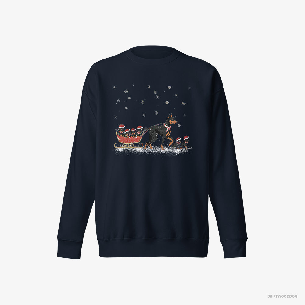 Dobermann Sweatshirt – Men Navy Sweatshirt Eco-Friendly – Pulling Puppies on a Fun Sled Ride (on White Background)