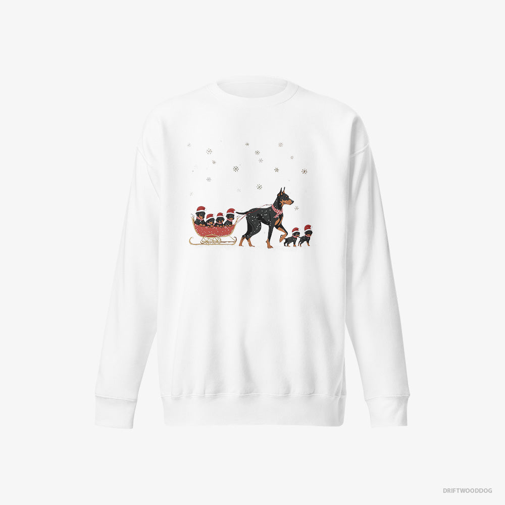 Dobermann Sweatshirt – Men White Sweatshirt Eco-Friendly – Pulling Puppies on a Fun Sled Ride (on White Background)