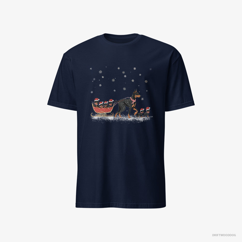 Dobermann T-Shirt – Men Navy T-Shirt Classic – Pulling Puppies on a Fun Sled Ride (on White Background)