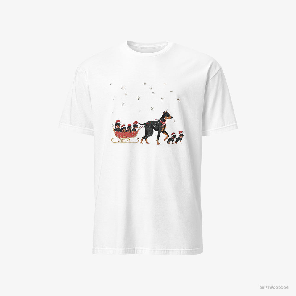 Dobermann T-Shirt – Men White T-Shirt Classic – Pulling Puppies on a Fun Sled Ride (on White Background)