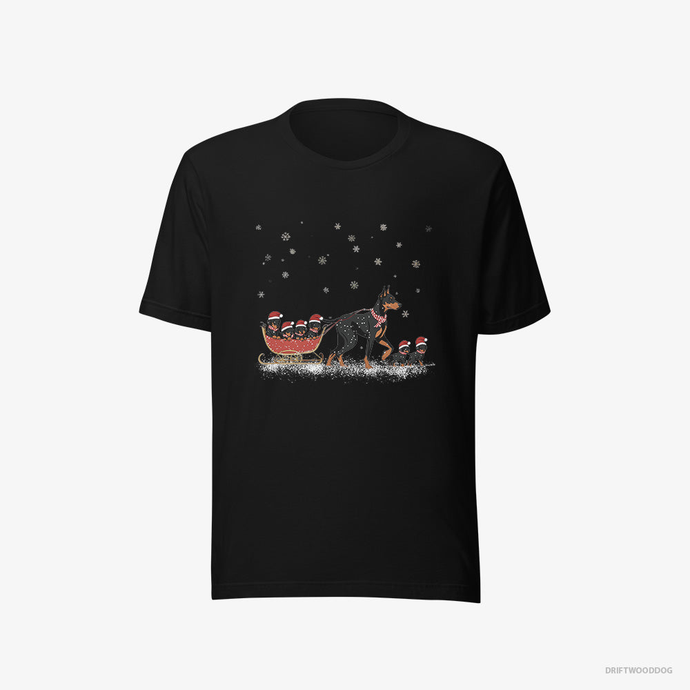 Dobermann T-Shirt – Women Black T-Shirt Eco-Friendly – Pulling Puppies on a Fun Sled Ride (on White Background)