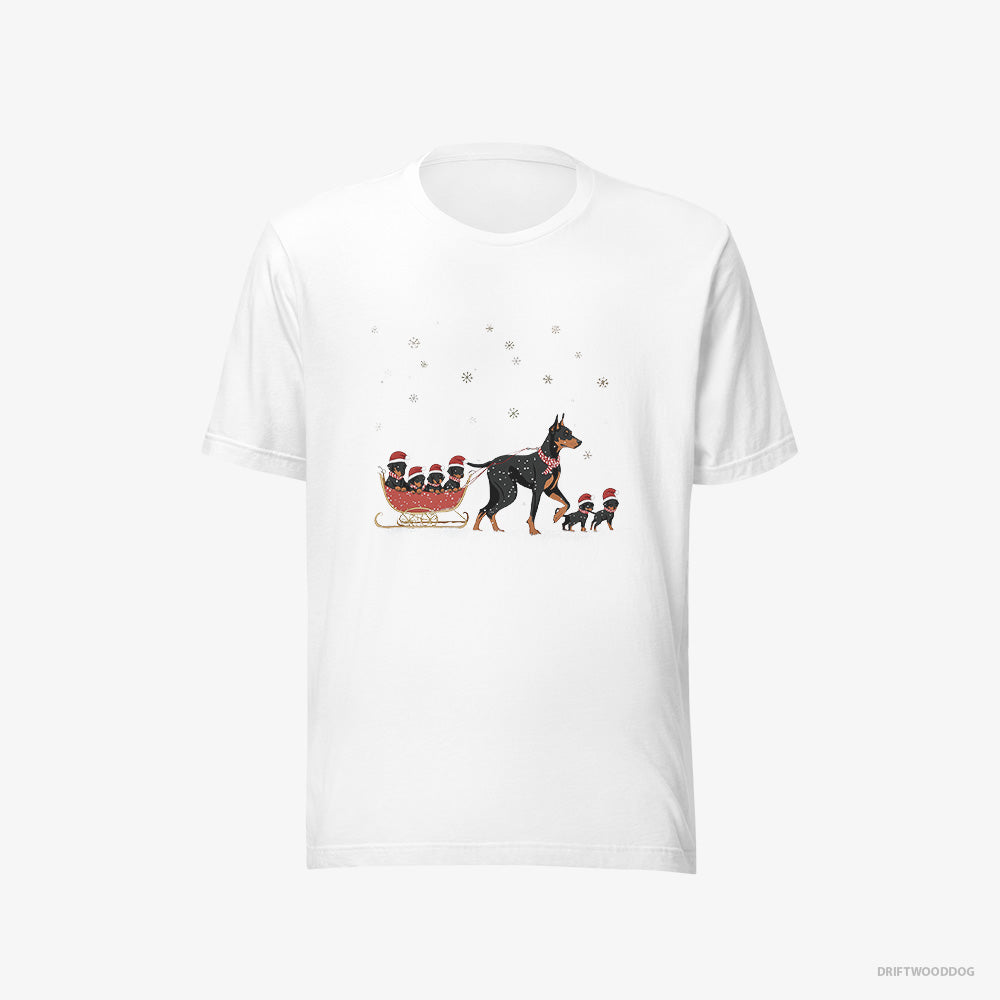 Dobermann T-Shirt – Men White T-Shirt Eco-Friendly – Pulling Puppies on a Fun Sled Ride (on White Background)