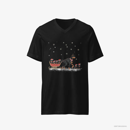 Dobermann T-Shirt – Men Black T-Shirt V-Neck – Pulling Puppies on a Fun Sled Ride (on White Background)