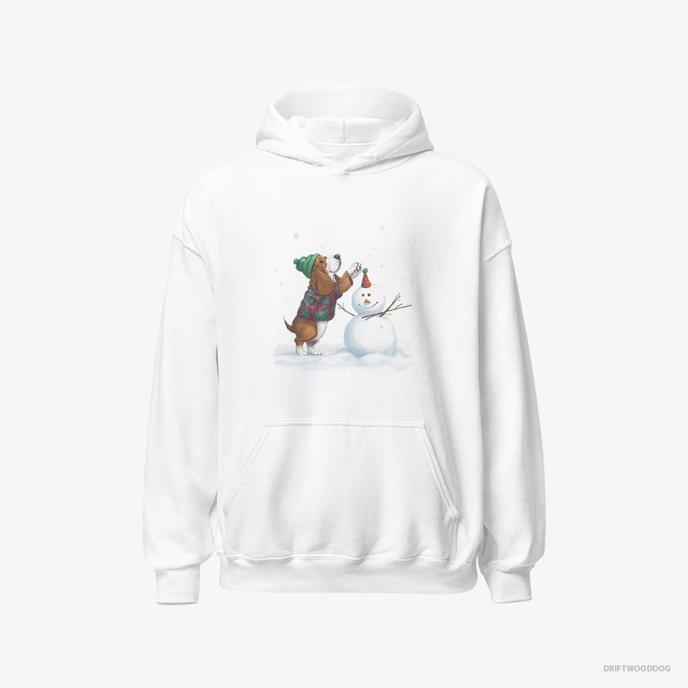 Basset Hound Hoodie – Men White Hoodie Classic – Crafting a Snowman (on White Background)