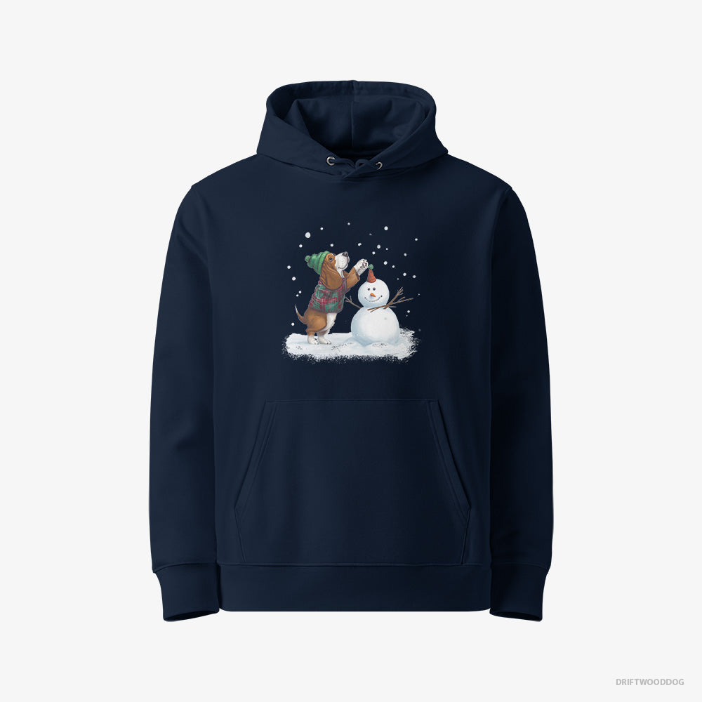 Basset Hound Hoodie – Women Navy Hoodie Eco-Friendly – Crafting a Snowman (on White Background)