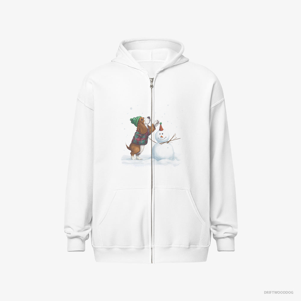 Basset Hound Hoodie – Men White Hoodie Full-Zip – Crafting a Snowman (on White Background)