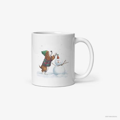 Basset Hound Crafting a Snowman White Mug