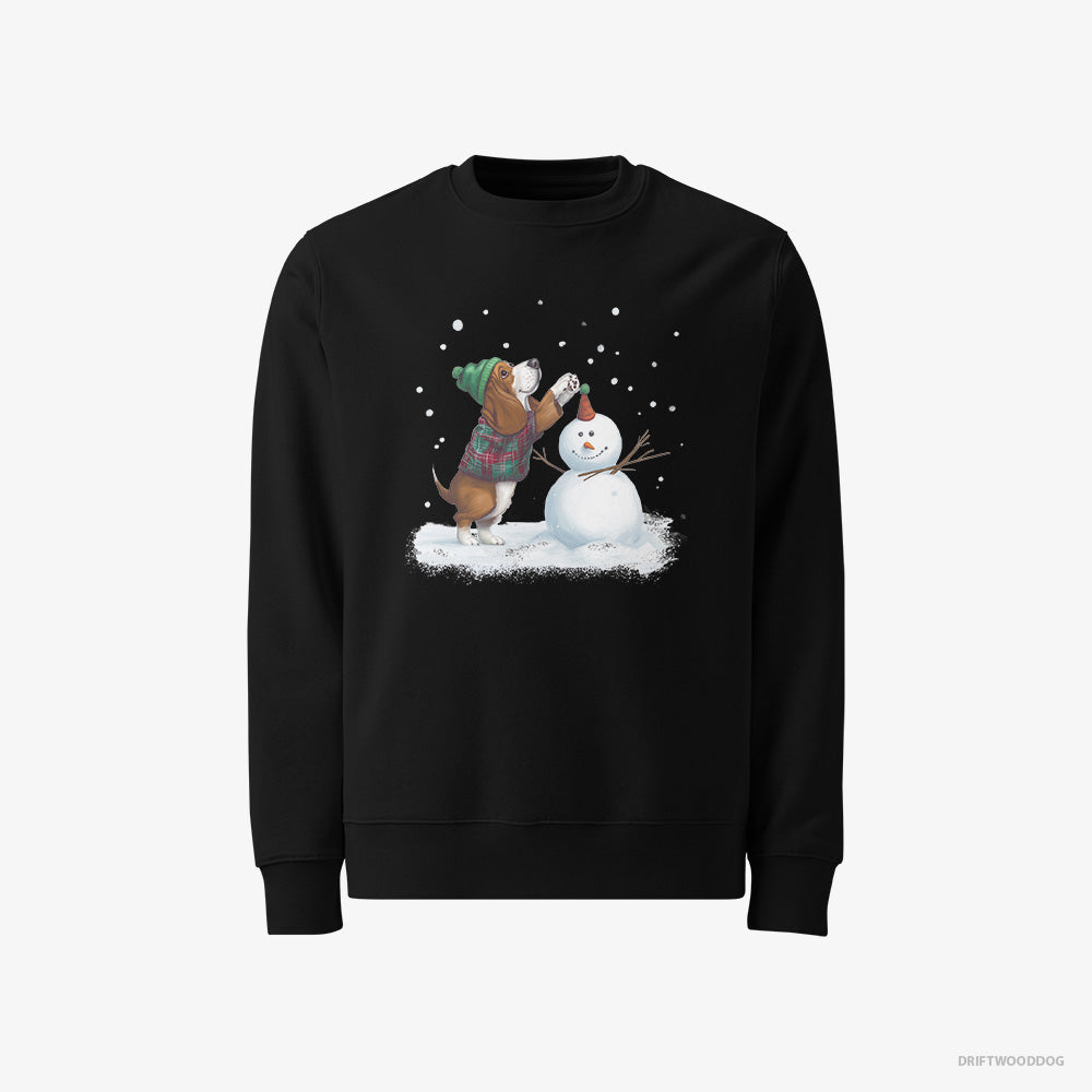 Basset Hound Sweatshirt – Men Black Sweatshirt Classic – Crafting a Snowman (on White Background)