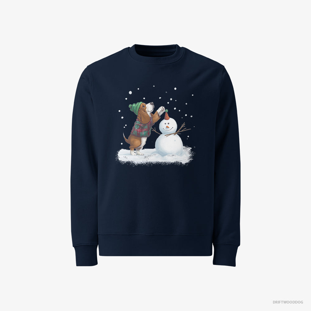 Basset Hound Sweatshirt – Men Navy Sweatshirt Classic – Crafting a Snowman (on White Background)