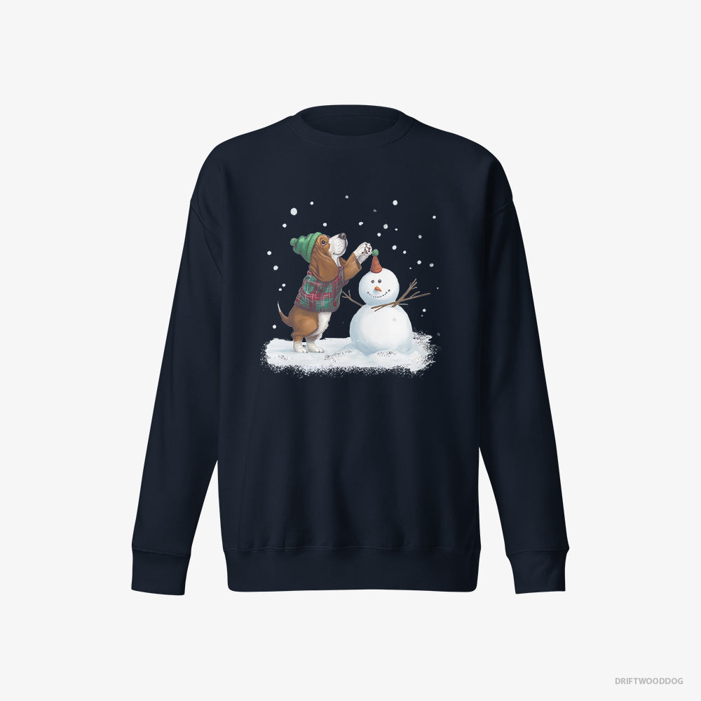 Basset Hound Sweatshirt – Men Navy Sweatshirt Eco-Friendly – Crafting a Snowman (on White Background)