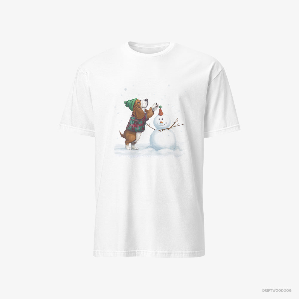 Basset Hound T-Shirt – Women White T-Shirt Classic – Crafting a Snowman (on White Background)