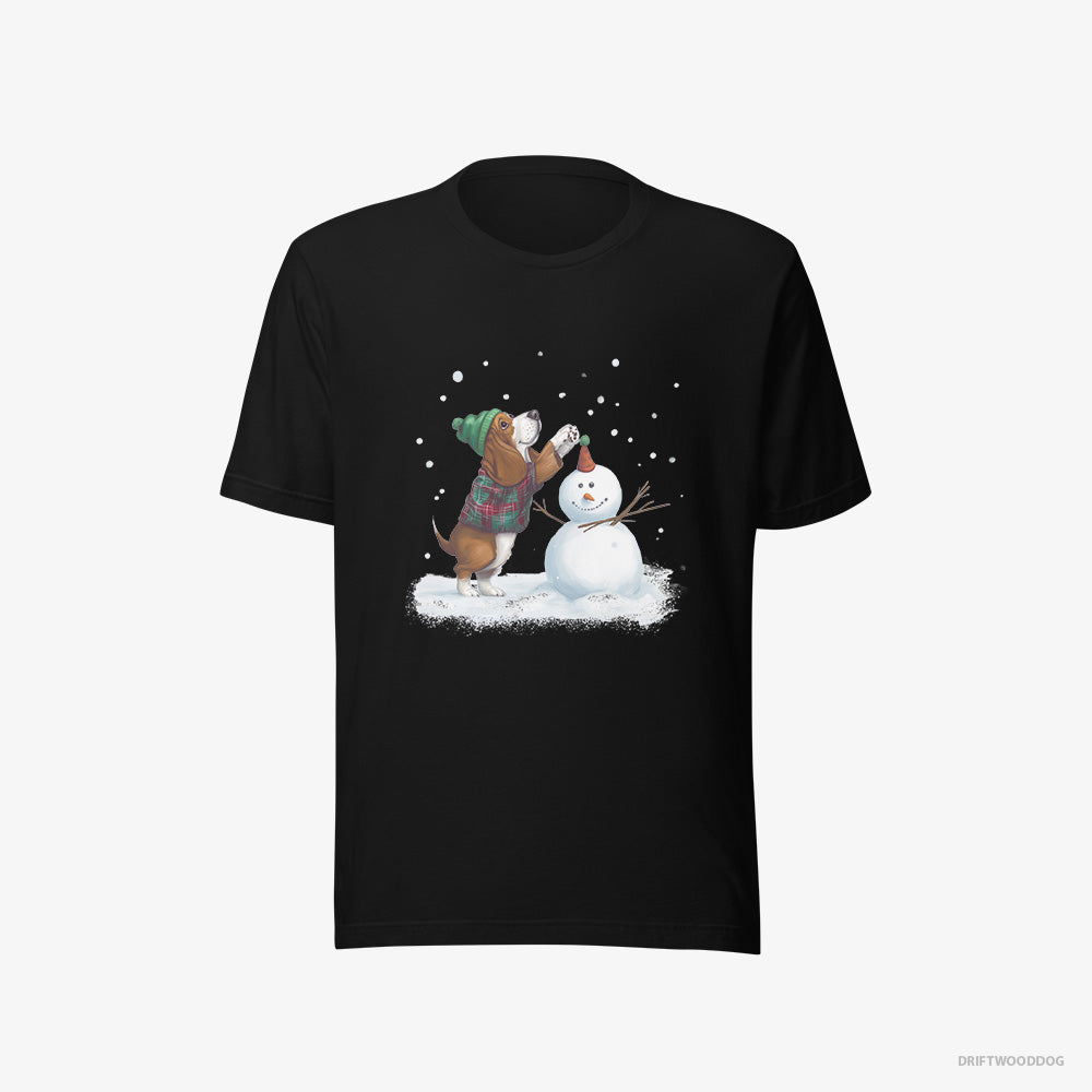 Basset Hound T-Shirt – Women Black T-Shirt Eco-Friendly – Crafting a Snowman (on White Background)