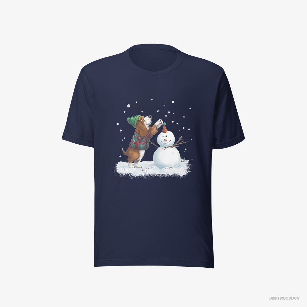 Basset Hound T-Shirt – Men Navy T-Shirt Eco-Friendly – Crafting a Snowman (on White Background)