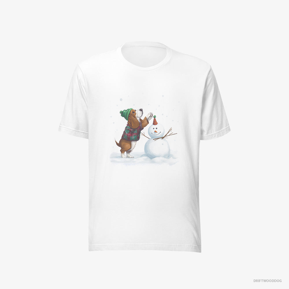 Basset Hound T-Shirt – Men White T-Shirt Eco-Friendly – Crafting a Snowman (on White Background)