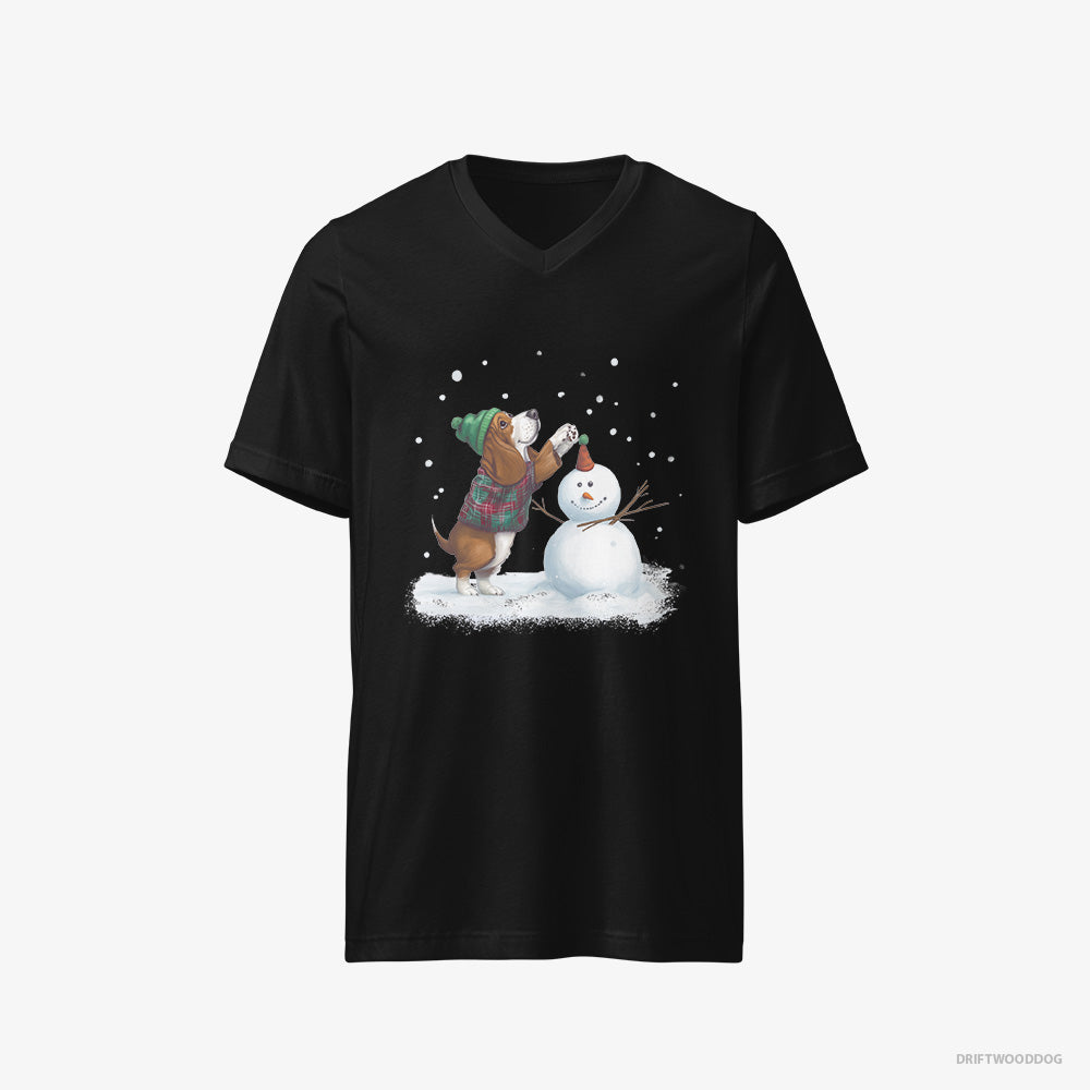 Basset Hound T-Shirt – Men Black T-Shirt V-Neck – Crafting a Snowman (on White Background)