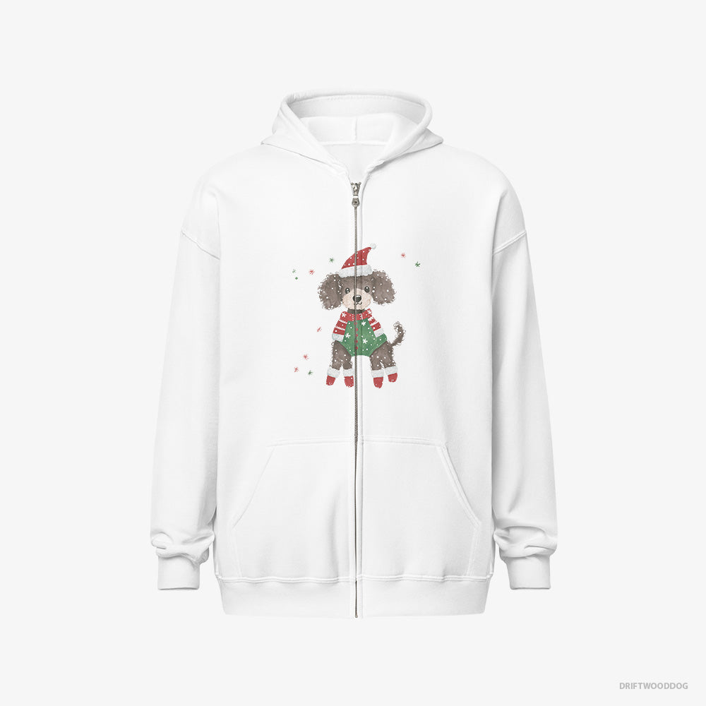 Poodle Hoodie – Men White Hoodie Full-Zip – in an Elf Costume (on White Background)