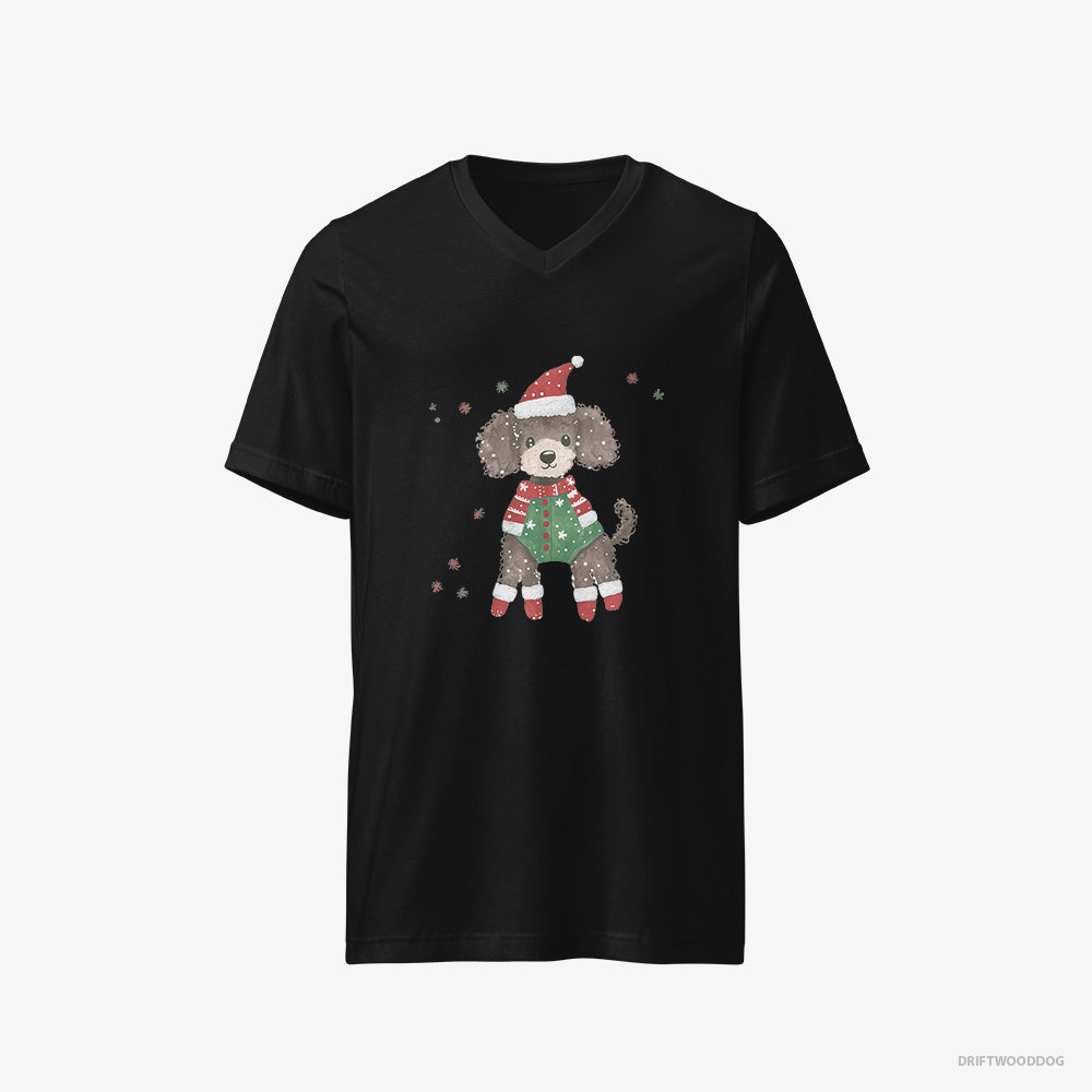 Poodle T-Shirt – Men Black T-Shirt V-Neck – in an Elf Costume (on White Background)