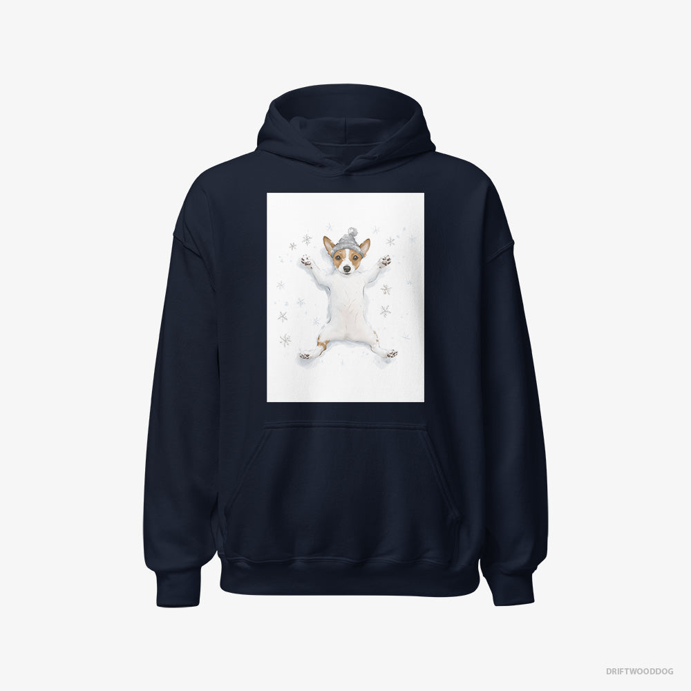 Jack Russell Terrier Hoodie – Women Navy Hoodie Classic – Rolling in the Snow (on White Background)